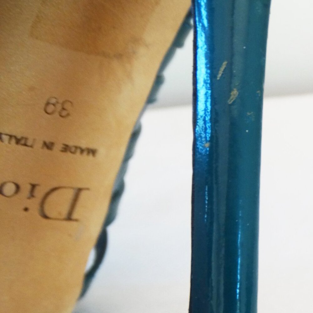 Christian DIOR 39/8.5 US, stiletto 4.5" heel ITALY cage Sandals Glossy Teal - Picture 13 of 13